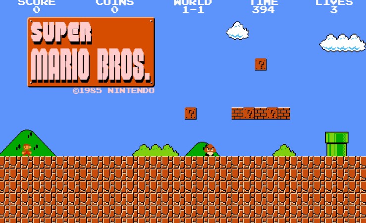 Castle level with Mario facing Bowser in Super Mario Bros.